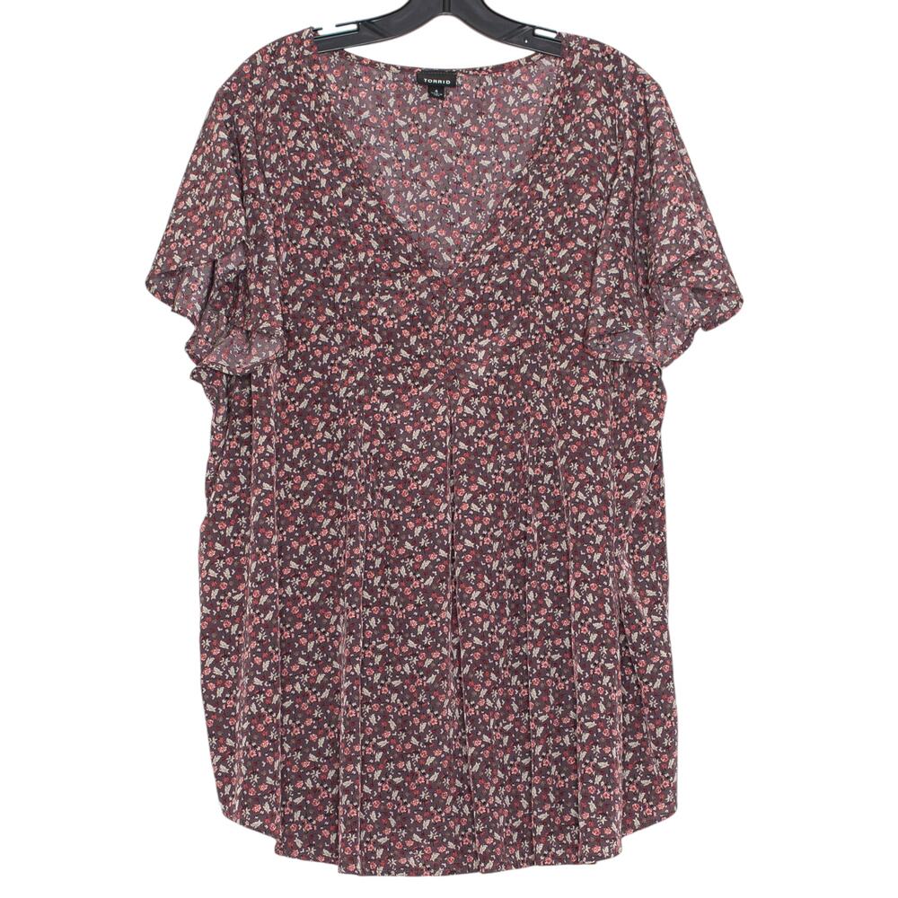 Torrid Flowy Dark Ditsy Floral Top Plus Size 4 4X Boho Cottagecore Mauve Purple